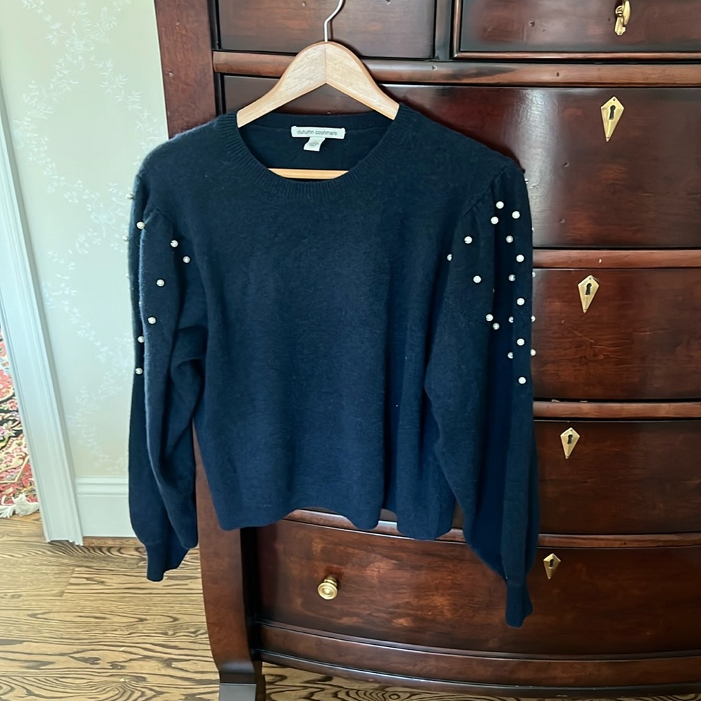 Navy Autumn Cashmere sweater with pearl accents